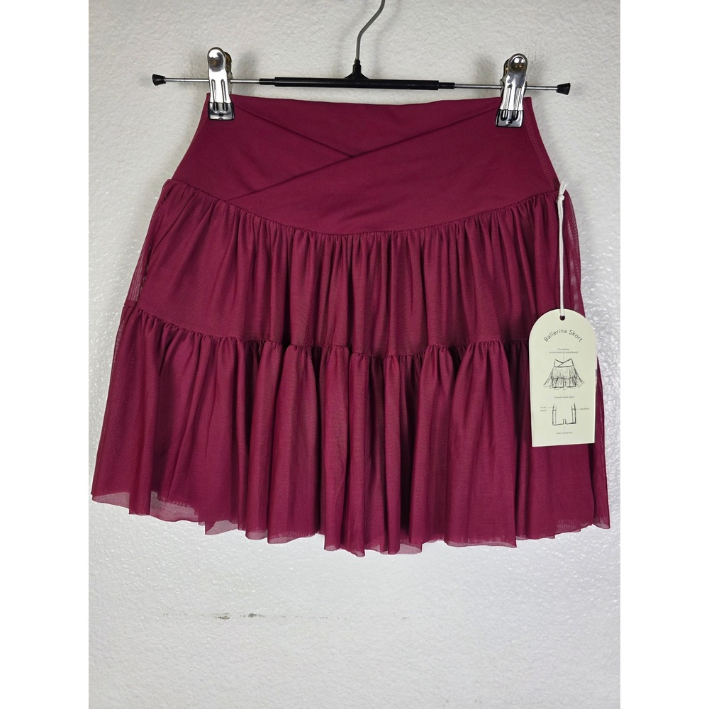 Blogilates Ballerina Skort Burgundy Tiered Mesh Skirt Shorts Pockets Small